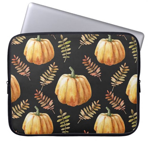 Pumpkin Black Background Watercolor Pattern Laptop Sleeve