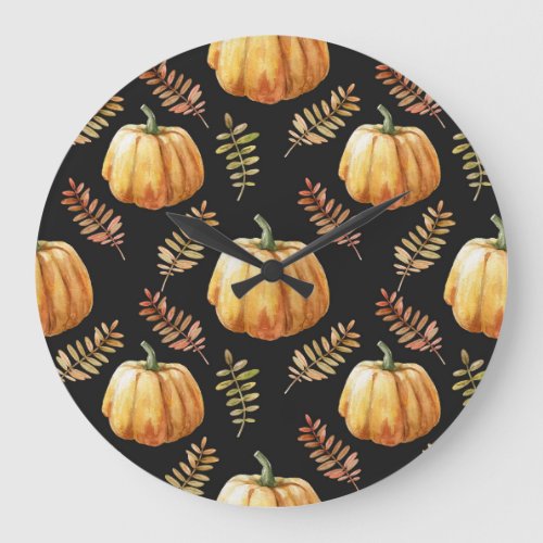 Pumpkin Black Background Watercolor Pattern Large Clock