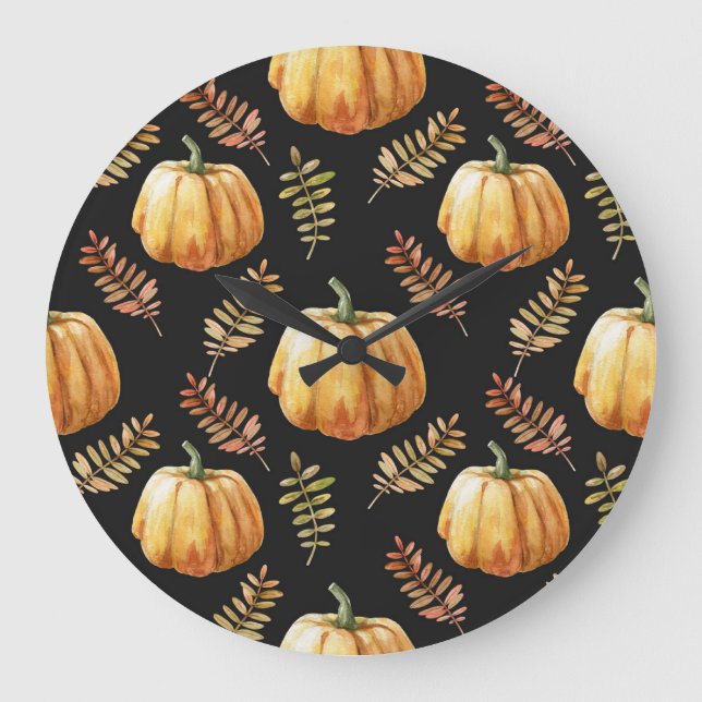 Pumpkin Black Background Watercolor Pattern Large Clock (Front)