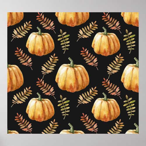 Pumpkin Black Background Watercolor Pattern Poster