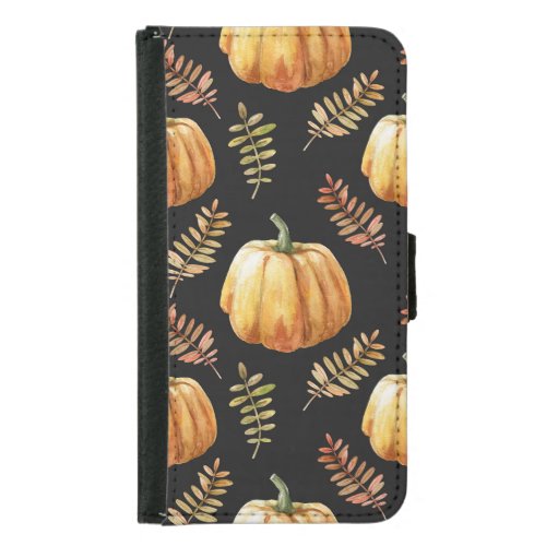 Pumpkin Black Background Watercolor Pattern Samsung Galaxy S5 Wallet Case