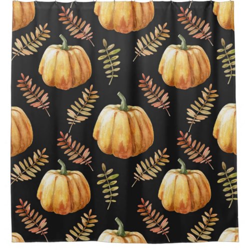 Pumpkin Black Background Watercolor Pattern Shower Curtain