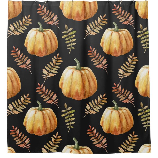 Pumpkin Black Background Watercolor Pattern Shower Curtain (Front)