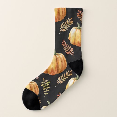 Pumpkin Black Background Watercolor Pattern Socks