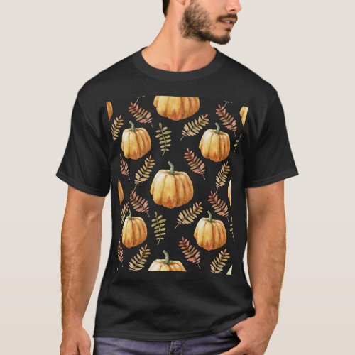 Pumpkin Black Background Watercolor Pattern T_Shirt