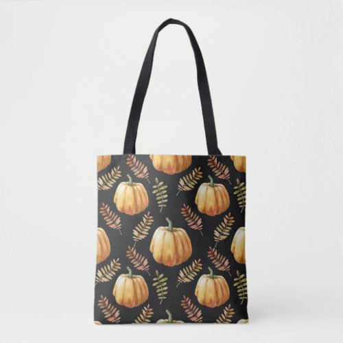 Pumpkin Black Background Watercolor Pattern Tote Bag