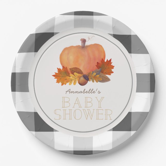 Pumpkin Black Buffalo Checks Baby Shower Paper Plates (Front)