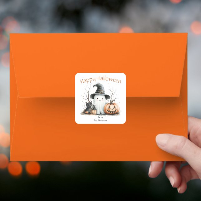 Pumpkin Black Cat Ghost Watercolor Happy Halloween Square Sticker (Creator Uploaded)