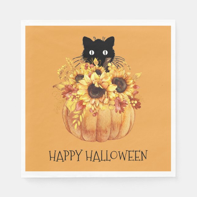 Pumpkin Black Cat Halloween Napkins (Front)