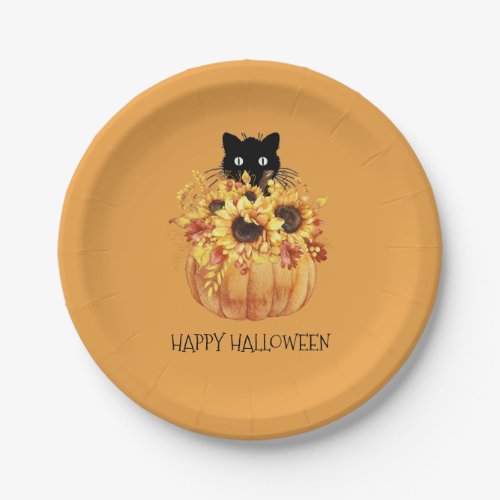 Pumpkin Black Cat Halloween Orange Paper Plate