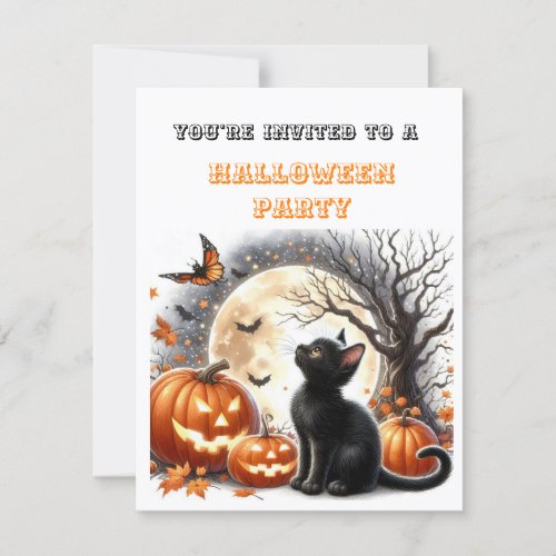  Pumpkin Black Cat Kids Halloween Party Invitation