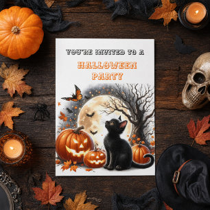 Pumpkin Black Cat Kids Halloween Party Invitation