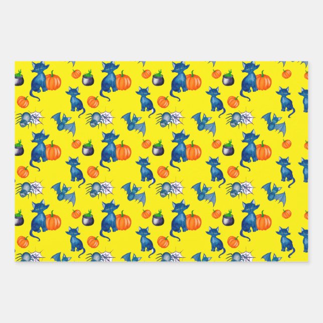 Pumpkin Black Cat witch brew Design Halloween Wrapping Paper Sheets (Front)