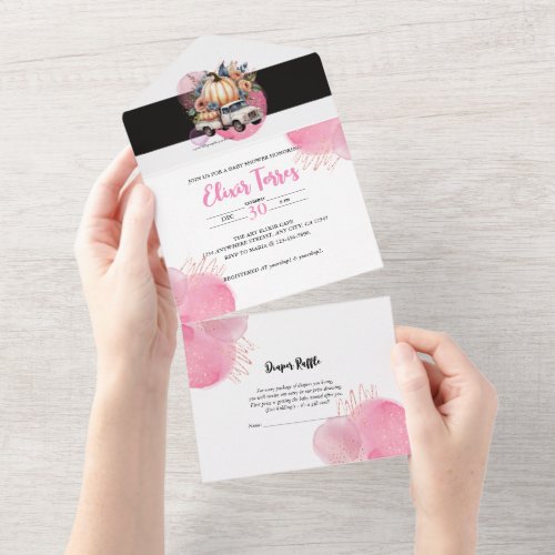 Pumpkin Black Pink Floral Truck Baby Shower Game All In One Invitation