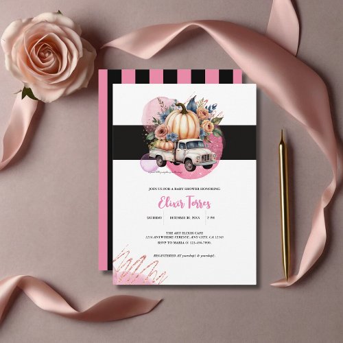 Pumpkin Black Pink Floral Truck Baby Shower Invitation