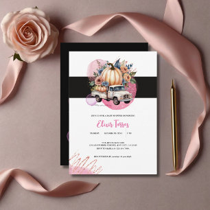 Pumpkin Black Pink Floral Truck Baby Shower Invitation