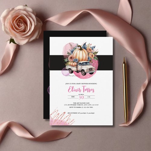 Pumpkin Black Pink Floral Truck Baby Shower Invitation