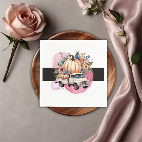 Pumpkin Black Pink Floral Truck Baby Shower Napkins