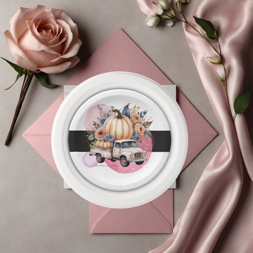 Pumpkin Black Pink Floral Truck Baby Shower Paper Plates