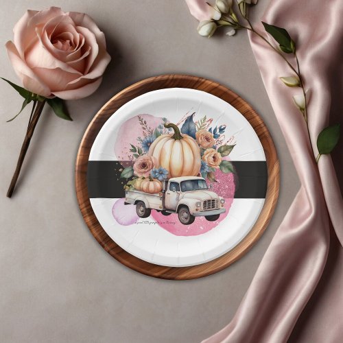 Pumpkin Black Pink Floral Truck Baby Shower Paper Plates