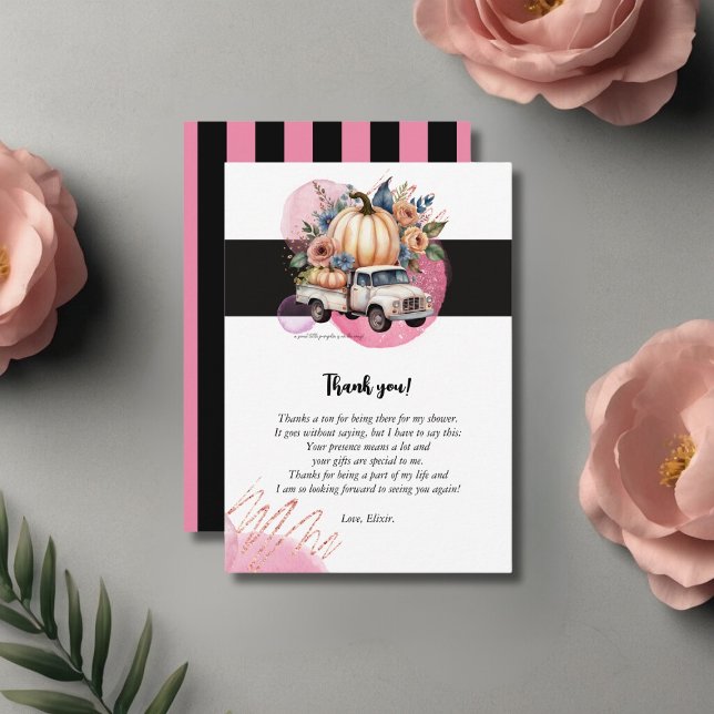 Pumpkin Black Pink Floral Truck Baby Shower Thank You Card (Creator Uploaded)