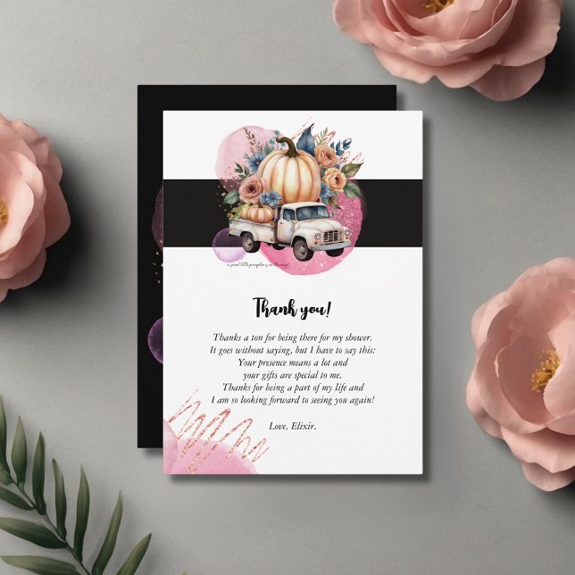 Pumpkin Black Pink Floral Truck Baby Shower Thank You Card (Creator Uploaded)