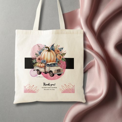 Pumpkin Black Pink Floral Truck Baby Shower Tote Bag