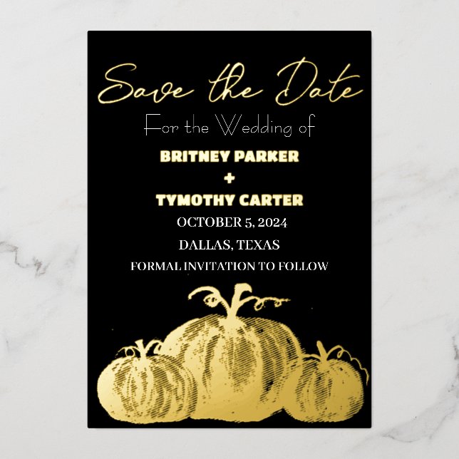 Pumpkin Black Rustic Photo QR Code Wedding Foil Invitation (Front)