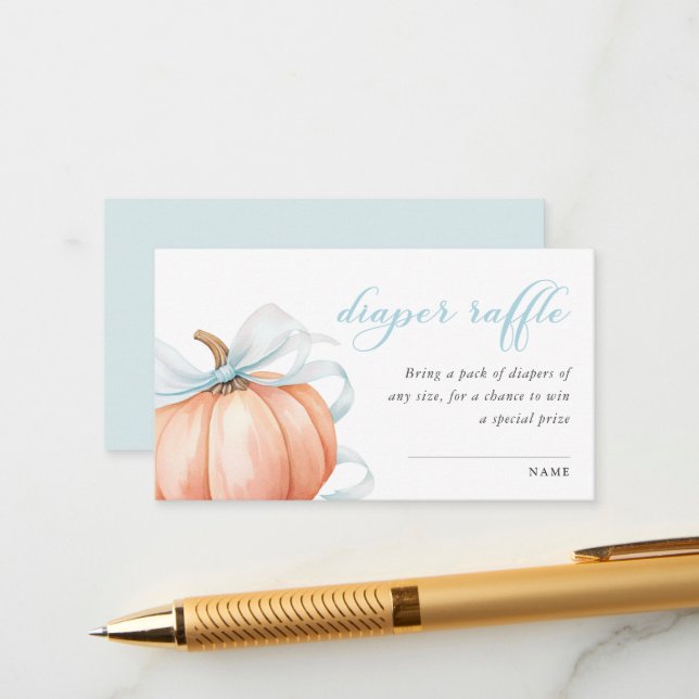 Pumpkin Blue Bow Baby Shower Diaper Raffle  Enclosure Card (Front/Back In Situ)