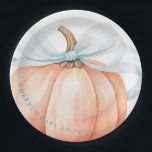 Pumpkin Blue Bow Baby Shower Paper Plates<br><div class="desc">This elegant and charming baby shower paper plates feature a beautiful watercolor illustration of a pumpkin with a delicate blue ribbon,  perfect for celebrating the upcoming arrival of a little one in the fall season.</div>