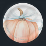 Pumpkin Blue Bow Baby Shower Paper Plates<br><div class="desc">This elegant and charming baby shower paper plates feature a beautiful watercolor illustration of a pumpkin with a delicate blue ribbon,  perfect for celebrating the upcoming arrival of a little one in the fall season.</div>