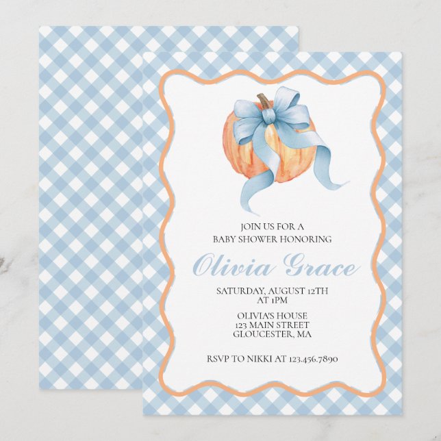 Pumpkin Blue bow Plaid baby shower Invitation (Front/Back)