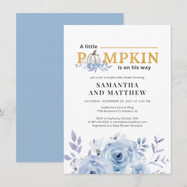 Pumpkin Blue Fall Botanical Boys Baby Shower Invitation (Front/Back)