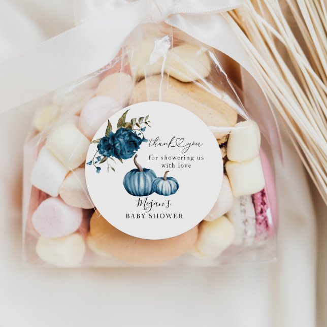Pumpkin Blue Floral Baby Shower Favor Classic Round Sticker (Creator Uploaded)