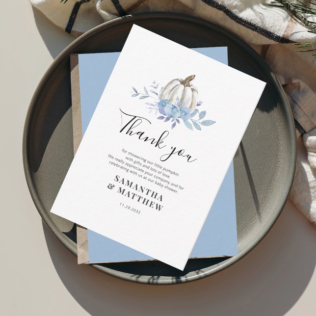 Pumpkin Blue Floral Baby Shower Thank You Note Card (Fall Pumpkin Couples Baby Shower Script Thank You Card)