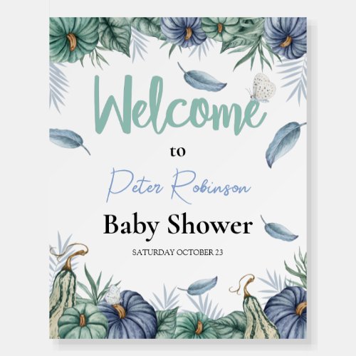 Pumpkin Blue Floral Boy Baby Shower Welcome Sign