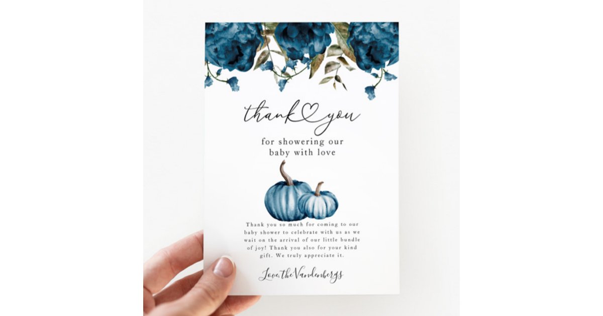 Pumpkin Blue Flower Baby Shower Thank You Card | Zazzle