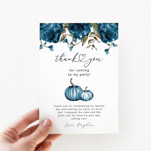 Pumpkin Blue Flower Birthday Party Thank You Card