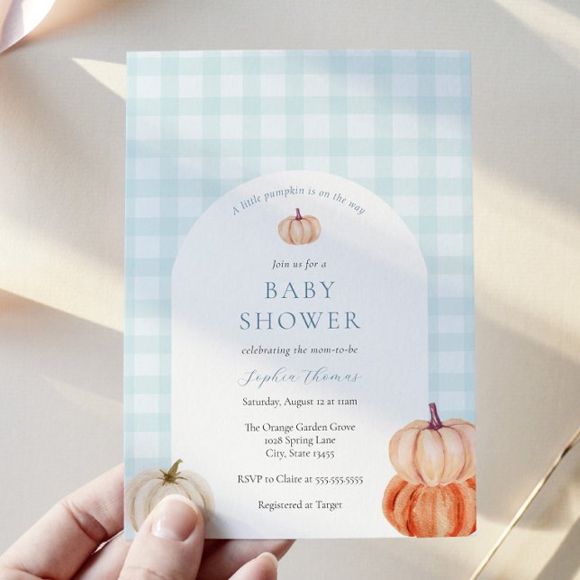 Pumpkin Blue Gingham Baby Boy Shower Arch Invitation (Creator Uploaded)
