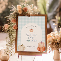 Pumpkin Blue Gingham Baby Shower Welcome Poster