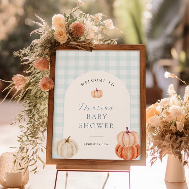 Pumpkin Blue Gingham Baby Shower Welcome Poster (Creator Uploaded)