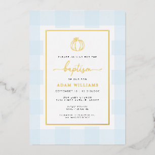 Pumpkin Blue Gingham Baptism Gold Foil Invitation