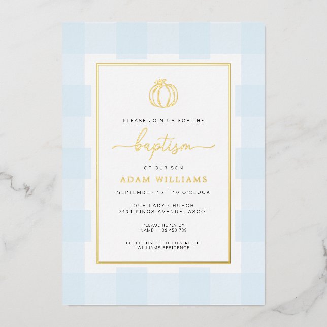 Pumpkin Blue Gingham Baptism Gold Foil Invitation (Front)