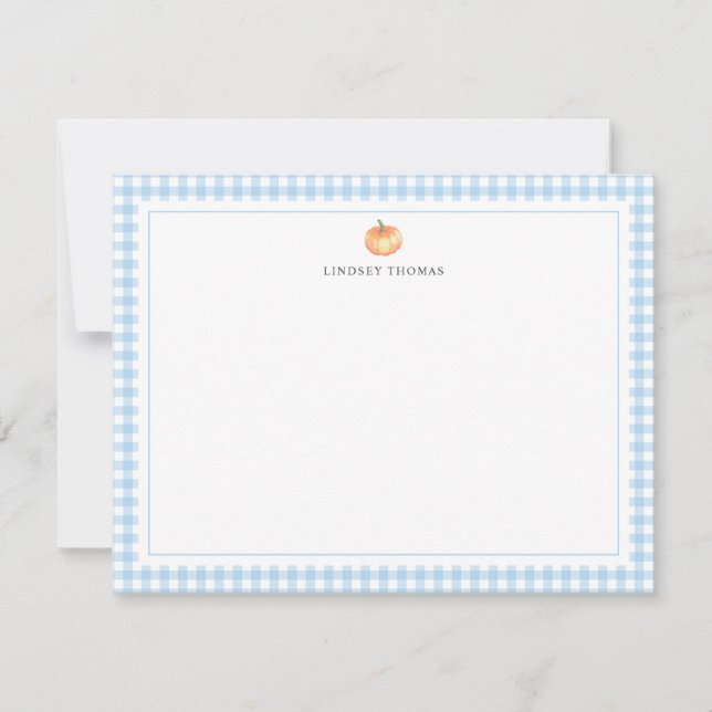 Pumpkin Blue Gingham Border Personalized Note Card (Front)
