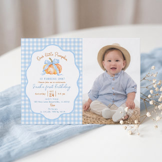 Pumpkin Blue Gingham First Birthday Invitation