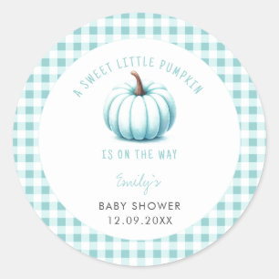 Pumpkin Blue Gingham Plaid Boy Baby Shower Classic Round Sticker
