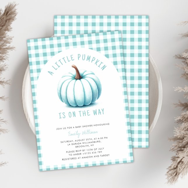 Pumpkin Blue Gingham Plaid Boy Baby Shower  Invitation (Creator Uploaded)