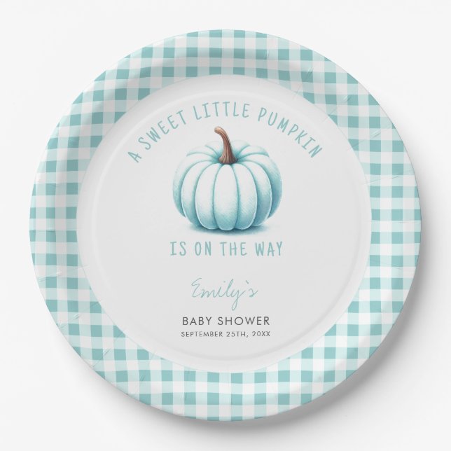 Pumpkin Blue Gingham Plaid Boy Baby Shower  Paper Plates (Front)