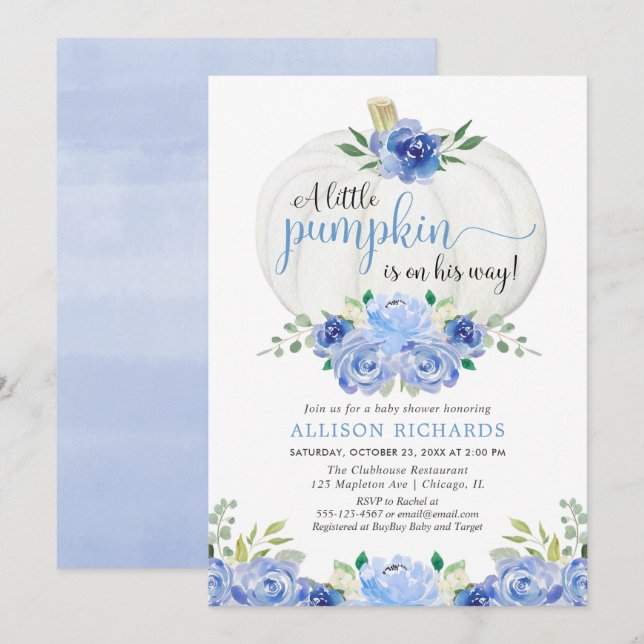 Pumpkin blue greenery floral fall boy baby shower invitation (Front/Back)
