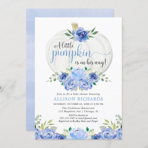 Pumpkin blue greenery floral fall boy baby shower invitation